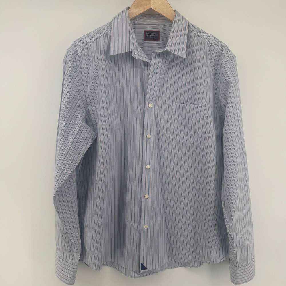 UNTUCKIT Cotton Shirt Mens Large Regular Fit Wrinkle Free Blue Striped Preppy
